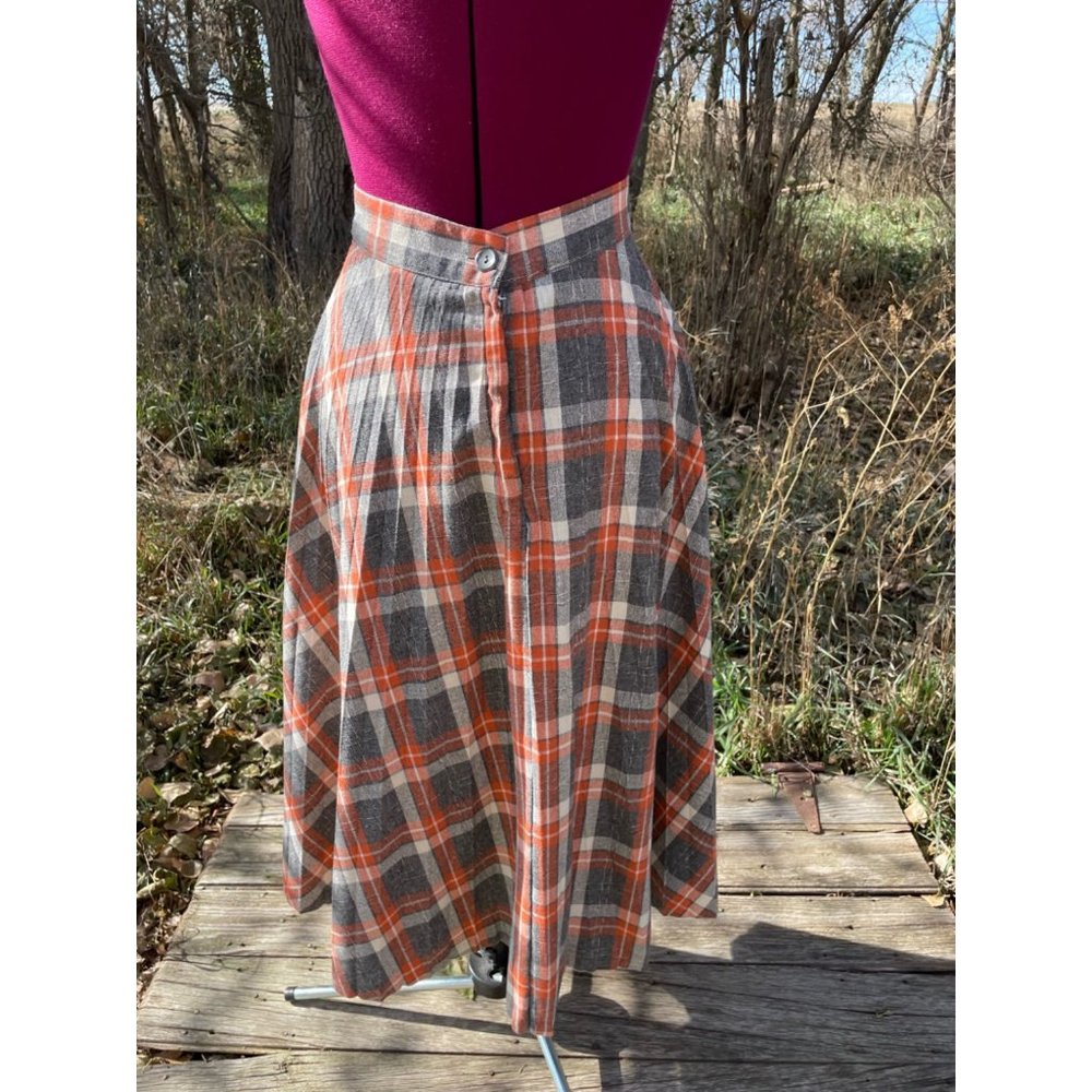 Vintage 1970s Wool Blend Plaid Pleated Skirt Gray Orange Size M - Picture 11 of 11